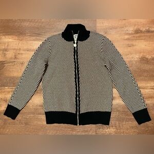 Anne Klein NWOT black cream tan Cotton blend zip sweater womens size small